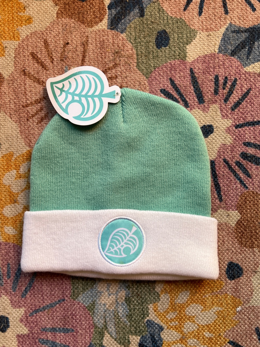 Animal Crossing Mint Green & White Beanie Hat with Leaf Logo
